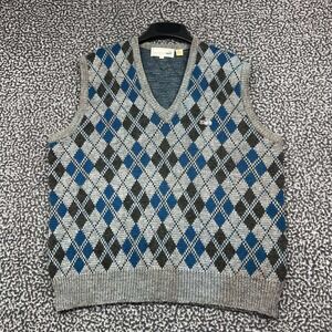 Vintage Crocodile Sweater Vest Men XL Gray Blue Argyle Wool Blend V-Neck
